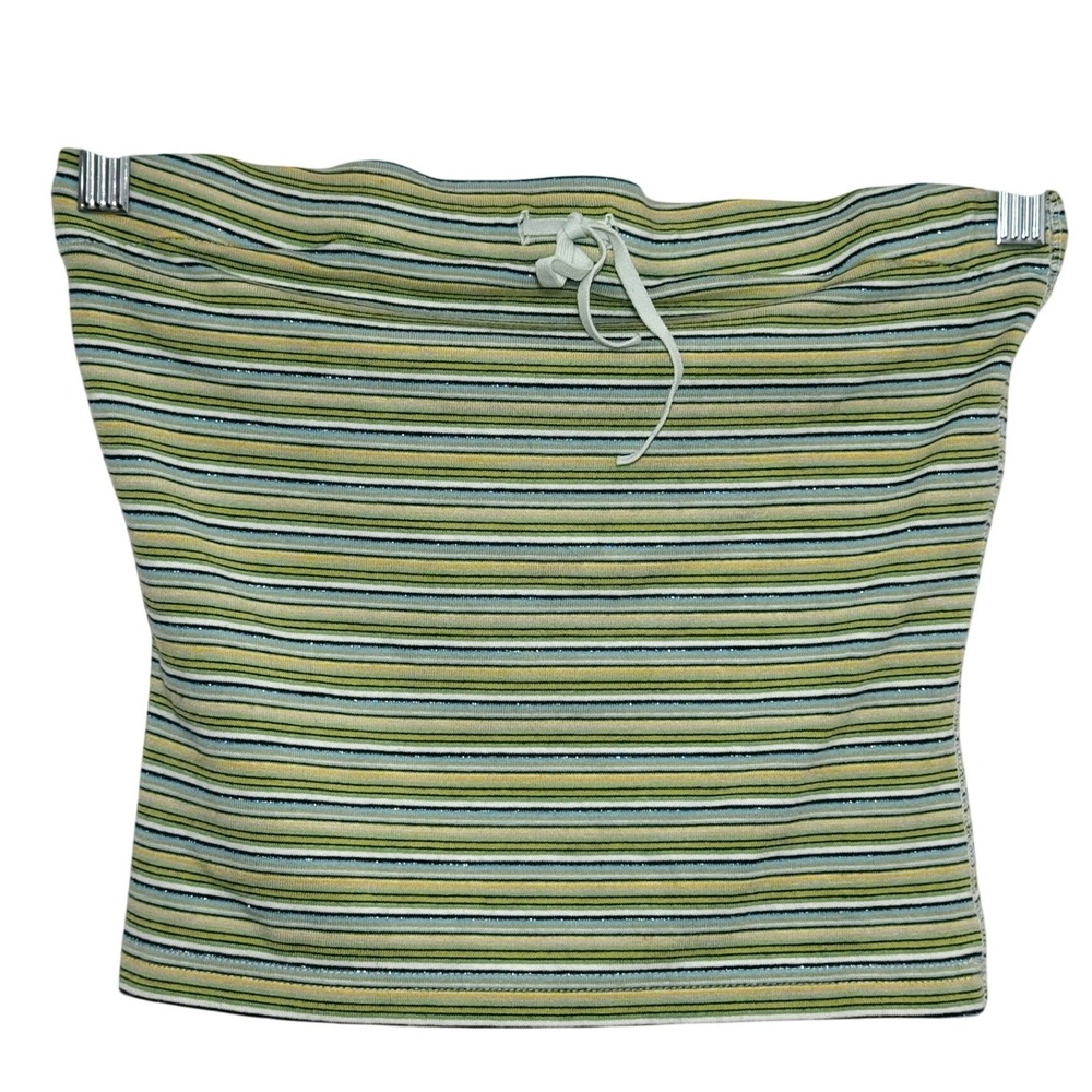 Express Tube Top Green Striped Lurex Shimmer Strapless Women Small Y2K Sparkle